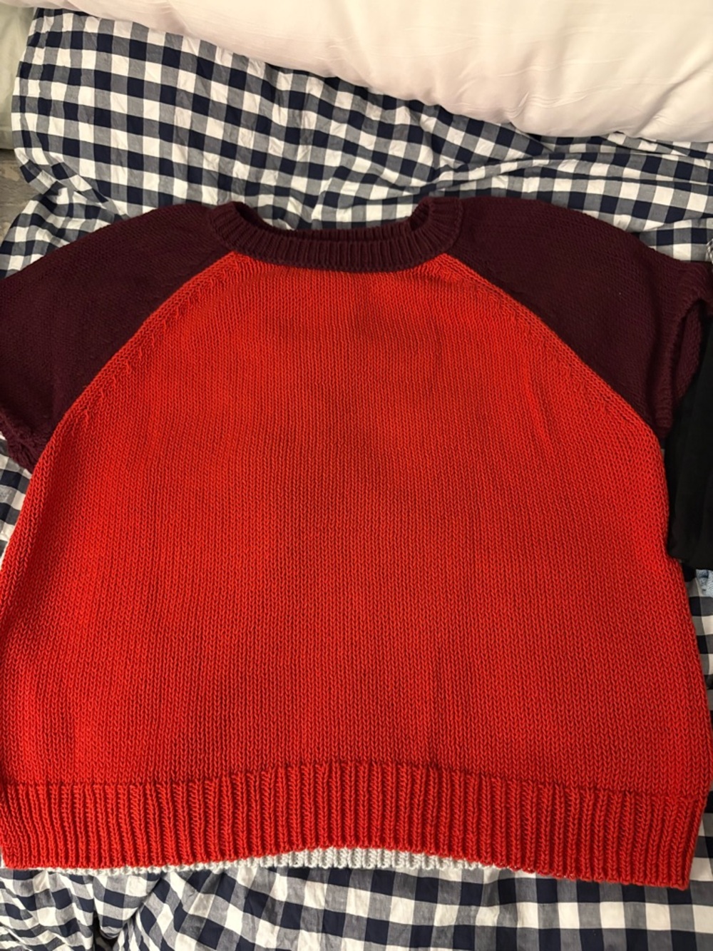 Madewell Red and Dark Burgundy Colorblock Crewneck Sweater